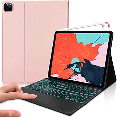 iPad Pro 12.9 Case with Keyboard, Touchpad Keyboard Case Compatible for iPad Pro 12.9 5th/4th/3rd Generation, 7 Colors Backlit, Wireless Detachable Keyboard with Folio Case-Rose Gold