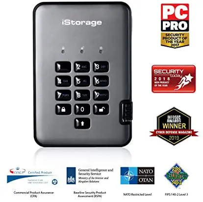 iStorage diskAshur PRO2 HDD 1TB Secure portable hard drive FIPS Level 2 certified – password protected, dust and water resistant, portable, military grade hardware encryption. IS-DAP2-256-1000-C-G