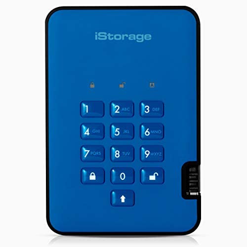 iStorage diskAshur2 HDD 5TB Blue – Secure portable hard drive – Password protected, dust and water resistant, portable, military grade hardware encryption USB 3.1 IS-DA2-256-5000-BE