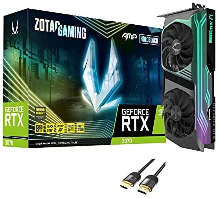 ZO TAC Gaming GeForce RTX 3070 AMP Holo Graphics Card 8GB GDDR6 256-bit PCIE 4.0 HoloBlack IceStorm 2.0 Advanced Cooling 3X DisplayPort 1.4a 1x HDMI 2.1 w/ Mytrix HDMI 2.1 Cable(4k@120Hz/8K@60Hz)