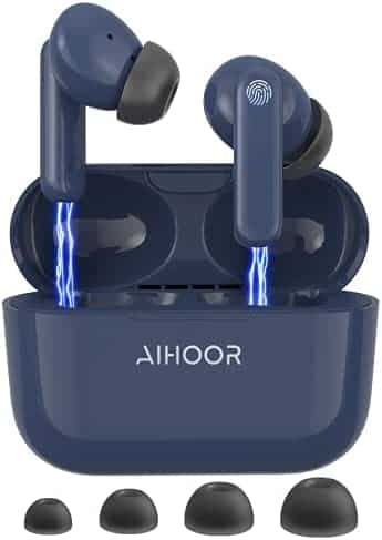 AIHOOR Wireless Earbuds for iOS & Android Phones, Bluetooth 5.0 in-Ear Headphones with Extra Bass, Built-in Mic, Touch Control, USB Charging Case, 30hr Battery Earphones, Waterproof for Sport (Blue)
