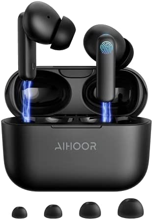 AIHOOR Wireless Earbuds for iOS & Android Phones, Bluetooth 5.0 in-Ear Headphones with Extra Bass, Built-in Mic, Touch Control, USB Charging Case, 30hr Battery Earphones, Waterproof for Sport (Black)