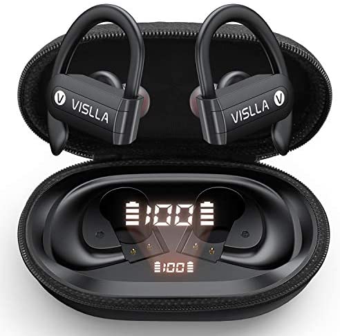 Vislla Bluetooth Headphones Sports Wireless Earbuds TWS BT5.0 Stereo Deep Bass Waterproof Earphones Noise Canceling Headset with Battery Display Charging Case & Built-in Mic