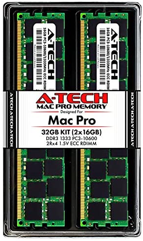A-Tech 32GB Kit (2x16GB) ECC RDIMM Memory for Mac Pro Mid 2010 & Mid 2012 (MacPro5,1) | DDR3 1333MHz ECC Registered DIMM PC3-10600 Dual Rank 2Rx4 1.5V 240 Pin RAM Upgrade