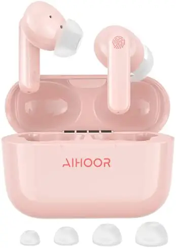 AIHOOR Wireless Earbuds for iOS & Android Phones, Bluetooth 5.0 in-Ear Headphones with Extra Bass, Built-in Mic, Touch Control, USB Charging Case, 30hr Battery Earphones, Waterproof for Sport (Pink)