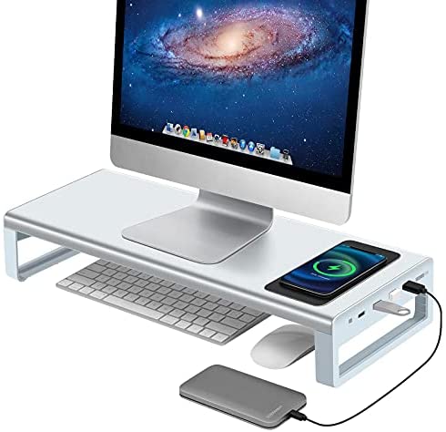Aluminum Monitor Stand with Wireless Charing Pad and 4 USB 3.0 Ports,Support Transfer Data and Charging,Keyboard and Mouse Storage Desk Organizer up to 27inch for Computer MacBook PC (Silver)