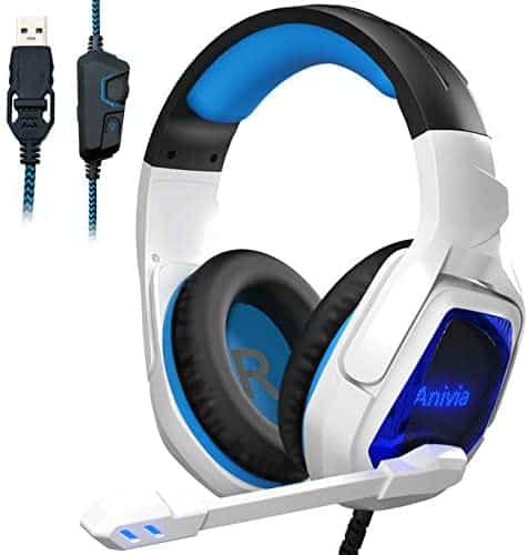 Anivia MH901 USB Gaming Headset 7.1 Virtual Surround Sound Headphones with Microphone Volume-Control LED Light for PC Desktop Computer Notebook- White Blue