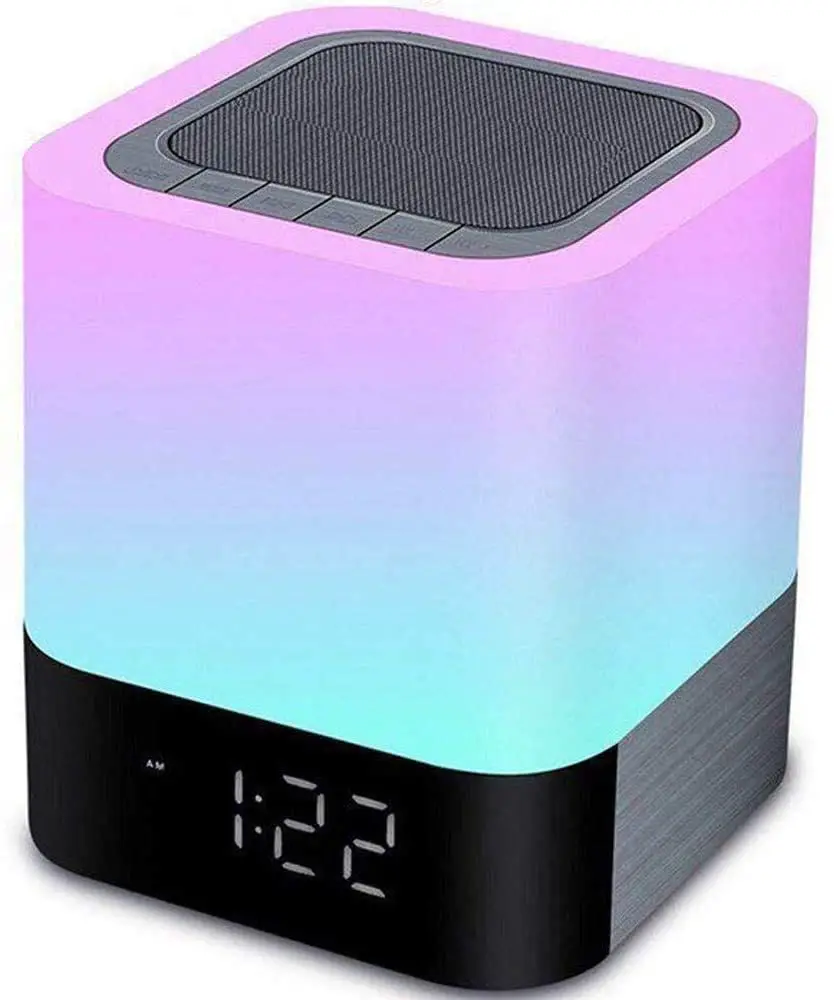Bedside Lamp with Bluetooth Speaker, ALLOMN 5 in 1 Colour Changing Touch Lamp, RGB Dimmable Bedside Night Light, Digital Alarm Clock, Supports TF/SD Card Gift for Children/Friends