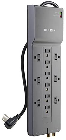 Belkin Power Strip Surge Protector – 12 AC Multiple Outlets & 8 ft Long Flat Plug Heavy Duty Extension Cord for Home, Office, Travel, Computer Desktop, Laptop & Phone Charging Brick (3,940 Joules)