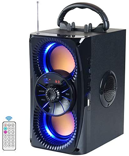 Bluetooth Speaker, Portable Wireless Speakers with Lights, 2 Double Subwoofer Heavy Bass, 2 Loud Speaker, FM Radio, SD Player, Remote, Suitable for Travel, Indoor and Outdoor