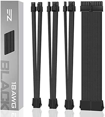 EZDIY-FAB PSU Cable Extension Sleeved Custom Mod GPU PC Power Supply Soft Nylon Braided with Comb Kit 24PIN/8PIN to 6+2Pin/ 8PIN to 4+4PIN-30CM 300MM – Black
