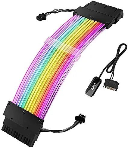 GIM 24 Pin RGB Extension Power Supply Sleeved Cable, PSU Sleeved Cable with Lighting Controller, 5V 3-Pin ARGB Sync Power Cord for Cable Management