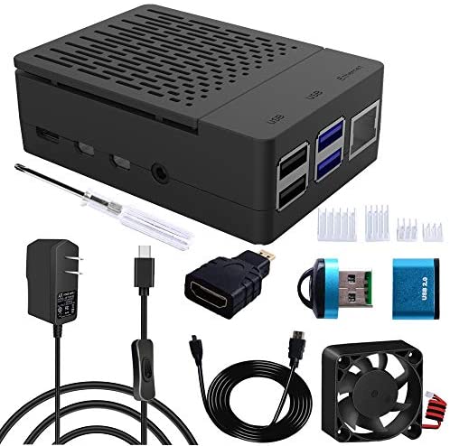 GeeekPi Raspberry Pi 4 Case with Fan, 5V 3A USB-C Power Supply, 4pcs Heatsinks, USB Card Reader 1m Micro HDMI Cable, Micro HDMI to HDMI Adapter, for Raspberry Pi 4 Model B (RPi Board Not Included)