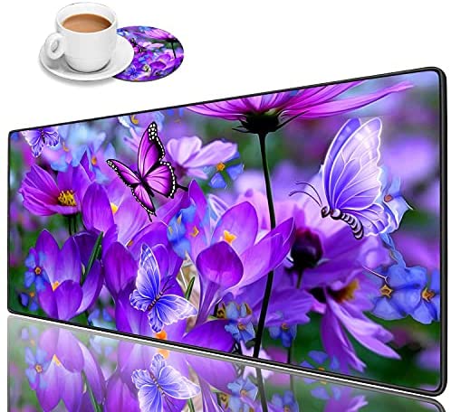 Luasao Desk Pad Mat Gaming Mouse Pads with Coasters, Stitched Edges Design Mouse Pad XXL Large Mouse Pad for Laptop Computers Purple Flowers and Butterflies Desk Writing Mat for Office & Home