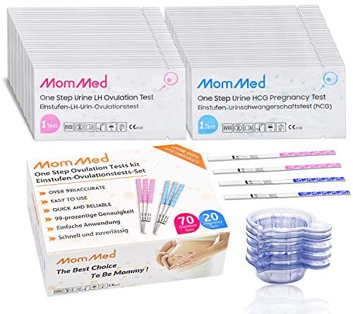 MomMed Ovulation and Pregnancy Test Strips (HCG20-LH70), at Home Ovulation Predictor Kit Includes 20 Pregnancy Tests, 70 Ovulation Test Strips and 90 Urine Cups, Accurate Fertility Test, OPK Tests