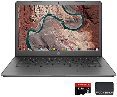 Newest HP 14-inch Chromebook Touchscreen Laptop, Intel Celeron N3350, 4GB RAM, 32GB eMMC SSD, Intel UHD Graphics, Chrome OS, Upto 10hrs Battery Life, Bundle with 128GB MicroSD Card+Woov Sleeve