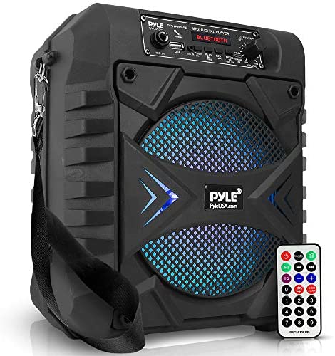 Portable Bluetooth PA Speaker System – 300W Rechargeable Outdoor Bluetooth Speaker Portable PA System w/ 8” Subwoofer, AUX, Microphone in, Party Lights, MP3/USB, Radio, Remote – Pyle PPHP854B, Black