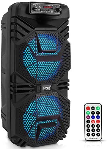 Portable Bluetooth PA Speaker System – 600W Rechargeable Outdoor Bluetooth Speaker Portable PA System w/ Dual 8” Subwoofer 1” Tweeter, Microphone In, Party Lights, USB, Radio, Remote – Pyle PPHP2836B
