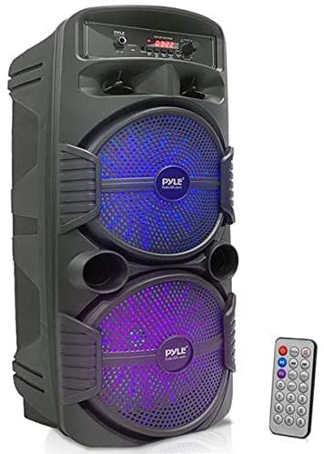 Pyle Portable Bluetooth PA Speaker System – 600W Rechargeable Outdoor Bluetooth Speaker Portable PA System w/ Dual 8” Subwoofer 1” Tweeter, Microphone In, Party Lights, USB, Radio, Remote – PPHP2835B