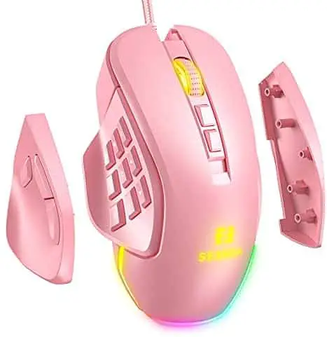 Seenda Vanguard S RGB Gaming Mouse with Interchangable Side Plate, 10000 DPI Programmable Macros and Customizable MMO Computer Gaming Mice with Side Buttons, Pink