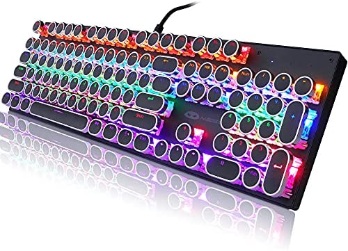 Typewriter Style Mechanical Gaming Keyboard, Camiysn Black Retro Punk Gaming Keyboard with RGB Backlit, 104 Keys Blue Switch Wired Cute Keyboard, Round Keycaps for Windows/Mac/PC