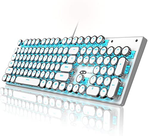 Typewriter Style Mechanical Gaming Keyboard, Camiysn White Retro Punk Gaming Keyboard with Blue Backlit, 104 Keys Blue Switch Wired Cute Keyboard, Round Keycaps for Windows/Mac/PC