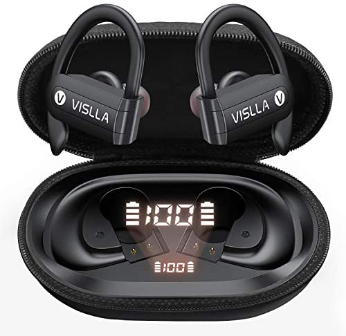 Vislla Bluetooth Headphones Sports Wireless Earbuds TWS BT5.0 Stereo Deep Bass Waterproof Earphones Noise Canceling Headset with Battery Display Charging Case & Built (Black)
