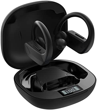 Hestom BS1 Bluetooth Earbuds, IPX7 Waterproof True Wireless Earbuds, LED Display 32H Playtime Headphones with Wireless Charging Case and mic for iPhone Android, Over Ear Earphones with Earhooks Black