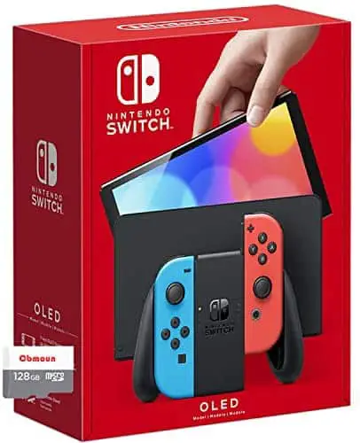 Nintendo Switch OLED Model with Neon Blue and Red Joy-Con, Black Dock – 7″ OLED Touchscreen, Custom NVIDIA Tegra CPU, 64GB Internal Storage, 802.11AC WiFi, Bluetooth 4.1, Type-C + Cbmoun 128GB_SD_Card