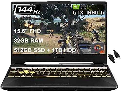Asus 2021 Flagship Tuf A15 Gaming Laptop 15.6″ FHD 144Hz AMD Octa-Core Ryzen 7 4800H (Beats i7-9750H) 32GB DDR4 512GB SSD 1TB HDD GTX 1660 Ti 6GB RGB Backlit DTS Webcam Win 10 + HDMI Cable