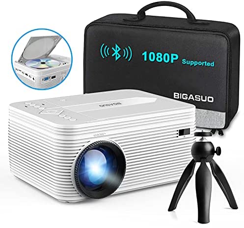 BIGASUO [2021 Upgrade] HD Bluetooth Projector Built in DVD Player, Mini Video Projector 1080P Supported Compatible with TV/HDMI/VGA/AV/USB/TF SD Card, Portable Outdoor Movie Projector