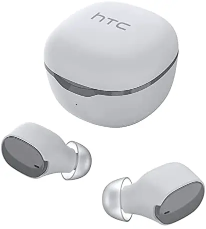 HTC True Wireless Earbuds, Bluetooth Earbuds with Charging Case, 24 Hours Playtime, Built-in Microphone, Deep Bass, Touch Control Wireless Earbuds – White