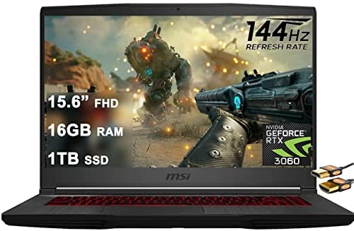MSI Flagship GF65 Thin Gaming Laptop 15.6” FHD IPS 144Hz 10th Gen Intel Hexa-Core i5-10500H (Beats i7-9750H) 16GB RAM 1TB SSD GeForce RTX 3060 6GB Backlit KB USB-C WiFi6 Win10 Black + HDMI Cable