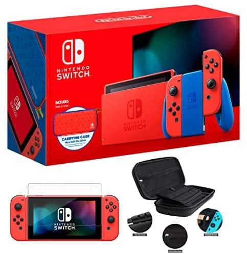 Nintendo Switch Mario Red & Blue Edition with Red Joy-Con, Blue Dock – 6.2″ Touchscreen LCD Display, 32GB Internal Storage, 802.11AC WiFi, Bluetooth 4.1, Type-C – Cbmoun 3-in-1 Carrying_Case