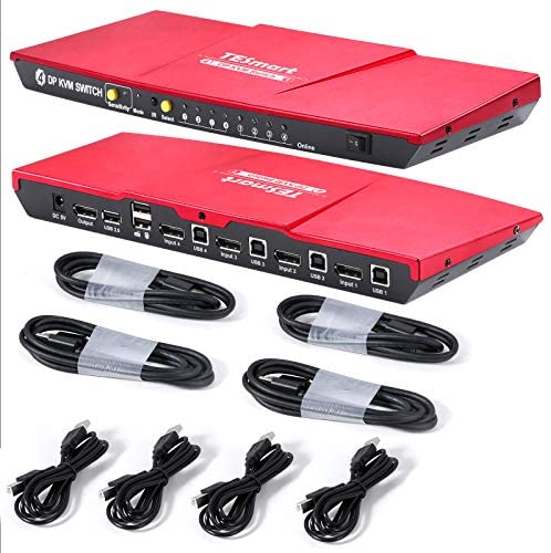 TESmart 4 Port DisplayPort 4K@60Hz Ultra HD 4×1 DP KVM Switcher with 4 Pcs 5ft KVM Cables and DP Cables Supports USB 2.0 Devices Control up to 4 DP Port Devices (Red)