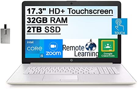 2021 HP 17.3″ HD+ Touchscreen Laptop Computer, 10th Gen Intel Core i5-1035G1, 32GB RAM, 2TB PCIe SSD, Full-Size KB, HD Audio, HD Webcam, Intel UHD Graphics, Win 10, Gold, 32GB SnowBell USB Card