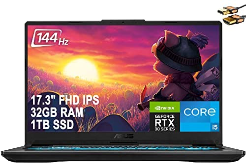 ASUS TUF Gaming F17 Laptop 17.3″ FHD 144Hz IPS Display 11th Gen Intel 6-Core i5-11260H (Beats i7-8850H) 32GB RAM 1TB SSD GeForce RTX 3050 4GB RGB Backlit Keyboard USB-C WiFi6 Win 10 + HDMI Cable