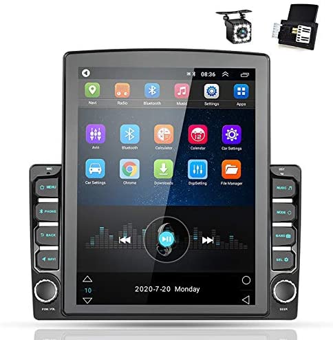 Android 9.0 Double Din GPS Navigation Car Stereo, 9.7” Vertical Touch Screen 2.5D Tempered Glass Mirror Bluetooth Car Radio with Backup Camera