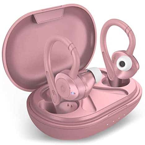 COMISO Wireless Earbuds, True Wireless in Ear Bluetooth 5.0 with Microphone, Deep Bass, IPX7 Waterproof Loud Voice Sport Earphones with Charging Case for Outdoor Running Gym Workout (Pink)