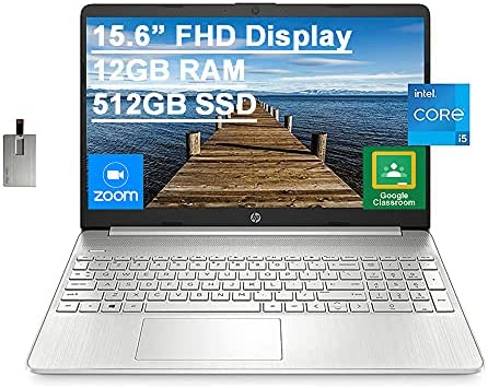 2021 HP 15.6″ FHD Laptop Computer, 11th Gen Intel Core i5-1135G7(Beats Intel i7-1065G7), 12GB RAM, 512GB PCIe SSD, Intel Iris X Graphics, HD Webcam, HDMI, Bluetooth, Win 10, Silver, 32GB USB Card