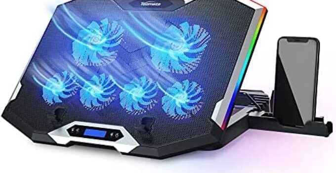 TopMate C11 Laptop Cooling Pad RGB Gaming Notebook Cooler, Laptop Fan Stand Adjustable Height with 6 Quiet Fans and Phone Holder, Computer Chill Mat, for 15.6-17.3 Inch Laptops – Blue LED Light