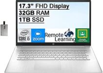 2021 HP 17.3″ FHD IPS Display Laptop Computer, 11th Intel Core i5-1135G7 Processor, 32GB RAM, 1TB SSD, Backlit Keyboard, Intel Iris Xe Graphics, HD Audio, HD Webcam, Windows 10, Silver, 32GB USB Card