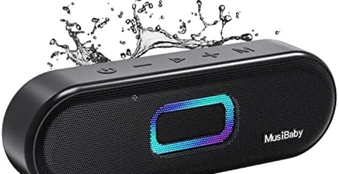 Bluetooth Speaker, MusiBaby M33,Portable Speaker, IPX7 Waterproof, 24W power, Stereo Dynamic Sound, Extra Bass, Dual Pairing, USB-C, Multi-Color lightshow, 24 Hours Playtime for Indoor/Outdoor – Black