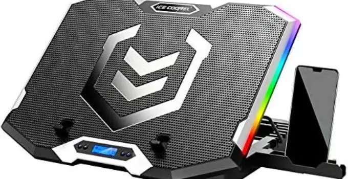 ICE COOREL RGB Laptop Cooling Pad 15 -17.3 Inch, Gaming Laptop Cooler Pad, Laptop Cooling Stand with 6 Quiet Fans and 6 Height Adjustable, LCD Screen and RGB Light, Two USB Ports and One Phone Stand