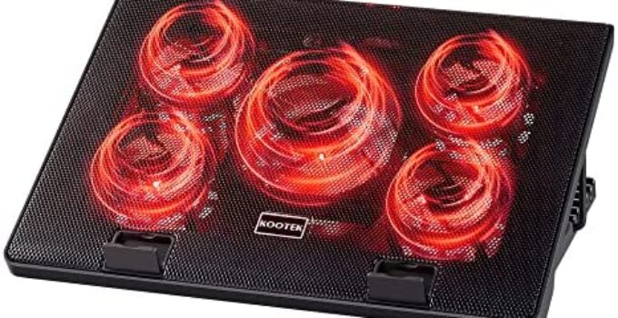 Kootek Laptop Cooling Pad, 12-17 Inch Laptop Cooler Pad Chill Mat 5 Quiet Fans, Laptop Fan Cooling Stand with 6 Adjustable Height, 2 Switch Buttons, 2 USB Ports, 5 Fans, Red LED Lights