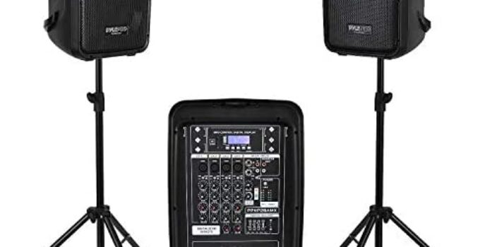 PA Speaker DJ Mixer Bundle – 300 W Portable Wireless Bluetooth Sound System w/ USB SD XLR 1/4″ RCA Inputs – Dual Speaker, Mixer, Microphone, Stand, Cable – Home/Outdoor Party – Pyle PPHP28AMX,Black