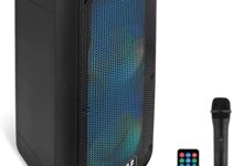 Portable Bluetooth PA Speaker System – 600W Dual 8” Rechargeable Outdoor BT Speaker – TWS, Party Lights, LED Display, FM/AUX/MP3/USB/SD, ¼ in, Wheels – Wireless Mic, Remote Control – Pyle PDJ28WM