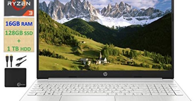 2021 HP Flagship 15.6” HD Laptop Computer, AMD Ryzen 3 3250U up to 3.5GHz (Beat Intel i5-7200U), 16GB RAM, 128GB SSD+1TB HDD, HD Webcam,Remote Work,WiFi, Bluetooth 4.2, HDMI, Win10 S, w/Marxsol Cables