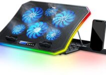 TopMate C12 Laptop Cooling Pad RGB Gaming Notebook Cooler for Desk and Lap Use, Laptop Fan Stand 8 Adjustable Heights with 6 Quiet Fans and Phone Holder, for 15.6-17.3 Inch Laptops – Blue LED Light