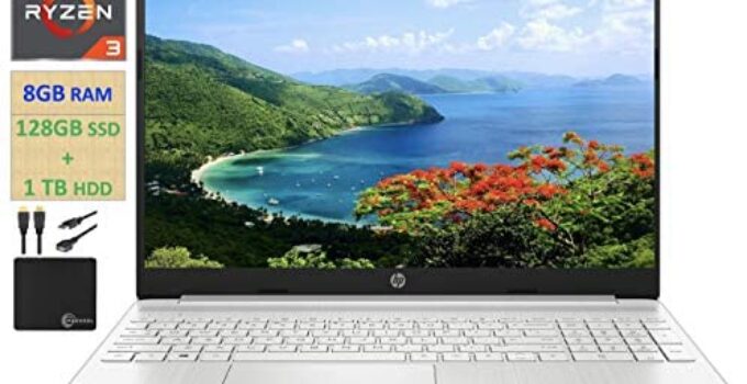 2021 HP Flagship 15.6” HD Laptop Computer, AMD Ryzen 3 3250U up to 3.5GHz (Beat Intel i5-7200U), 8GB RAM, 128GB SSD+1TB HDD, HD Webcam, Remote Work,WiFi, Bluetooth 4.2, HDMI, Win10 S, w/Marxsol Cables